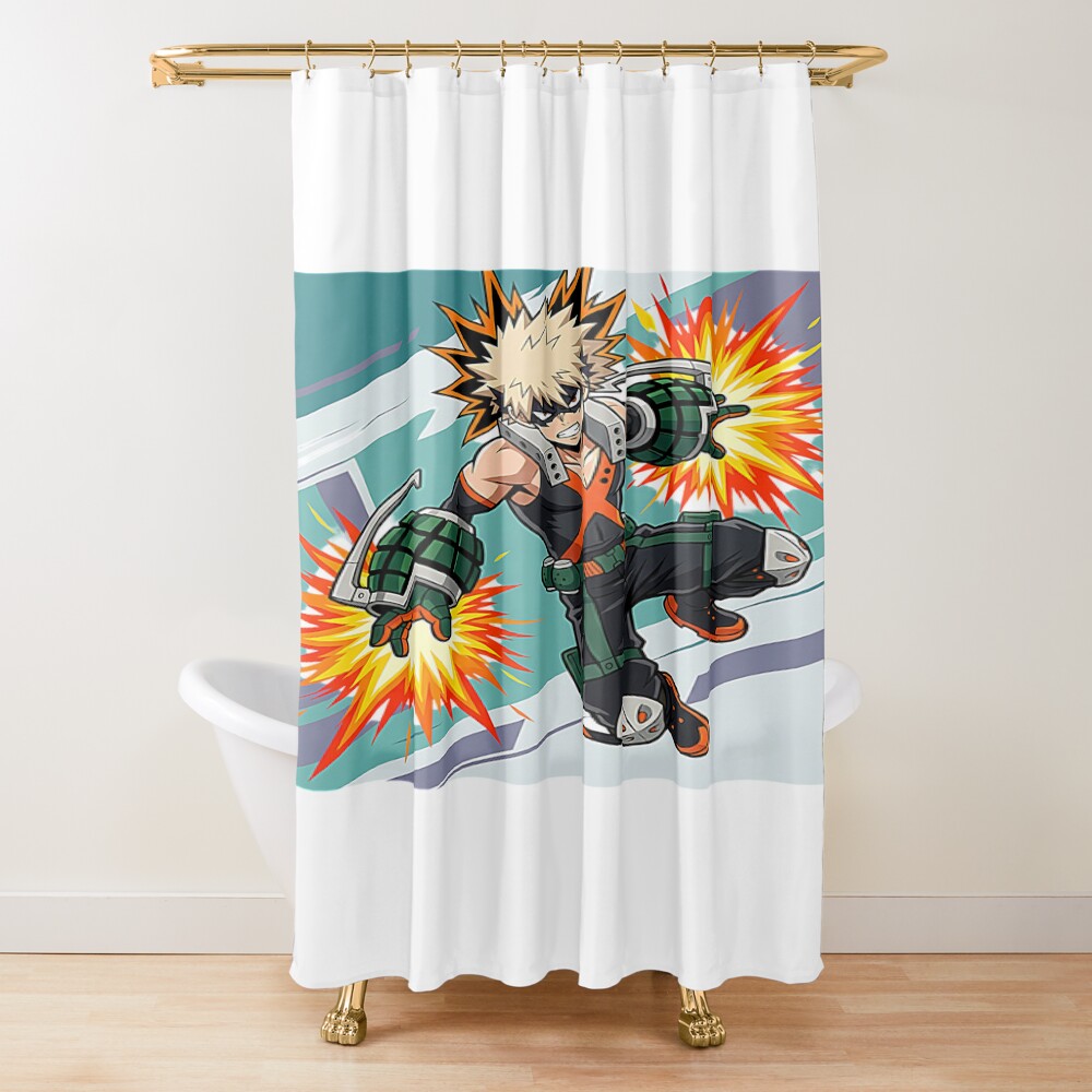 Dynamic Anime Character Illustration Explosive Hero Action Pose Shower Curtain