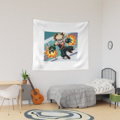Dynamic Anime Character Illustration Explosive Hero Action Pose Tapestry