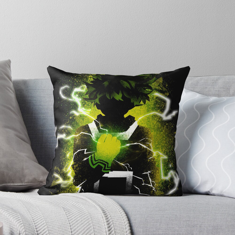 Green Haired Hero Design Izuku Throw Pillow